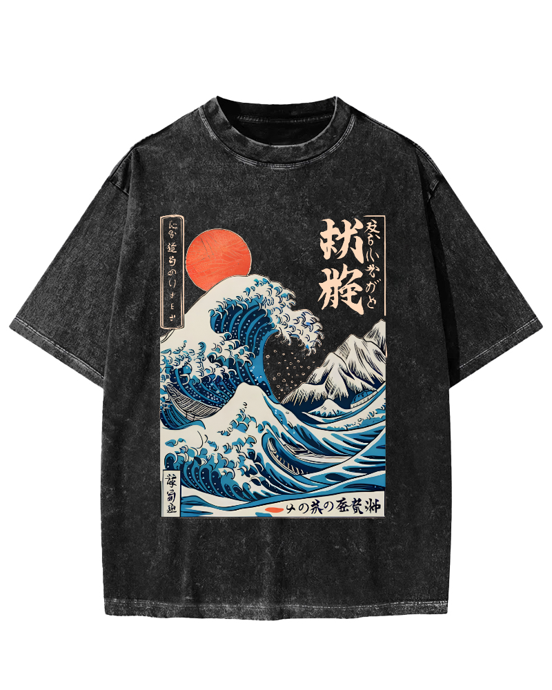 Ukiyo-e ocean Waves Vintage Washed T-shirt