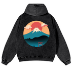 Cat Mount Fuji Vintage Washed Cotton Back Art Hoodie
