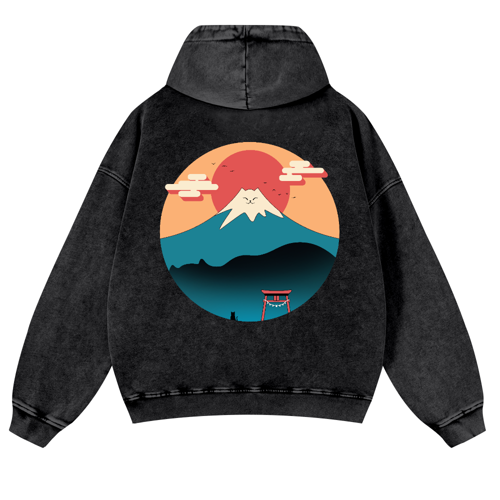 Cat Mount Fuji Vintage Washed Cotton Back Art Hoodie