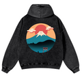 Cat Mount Fuji Vintage Washed Cotton Back Art Hoodie