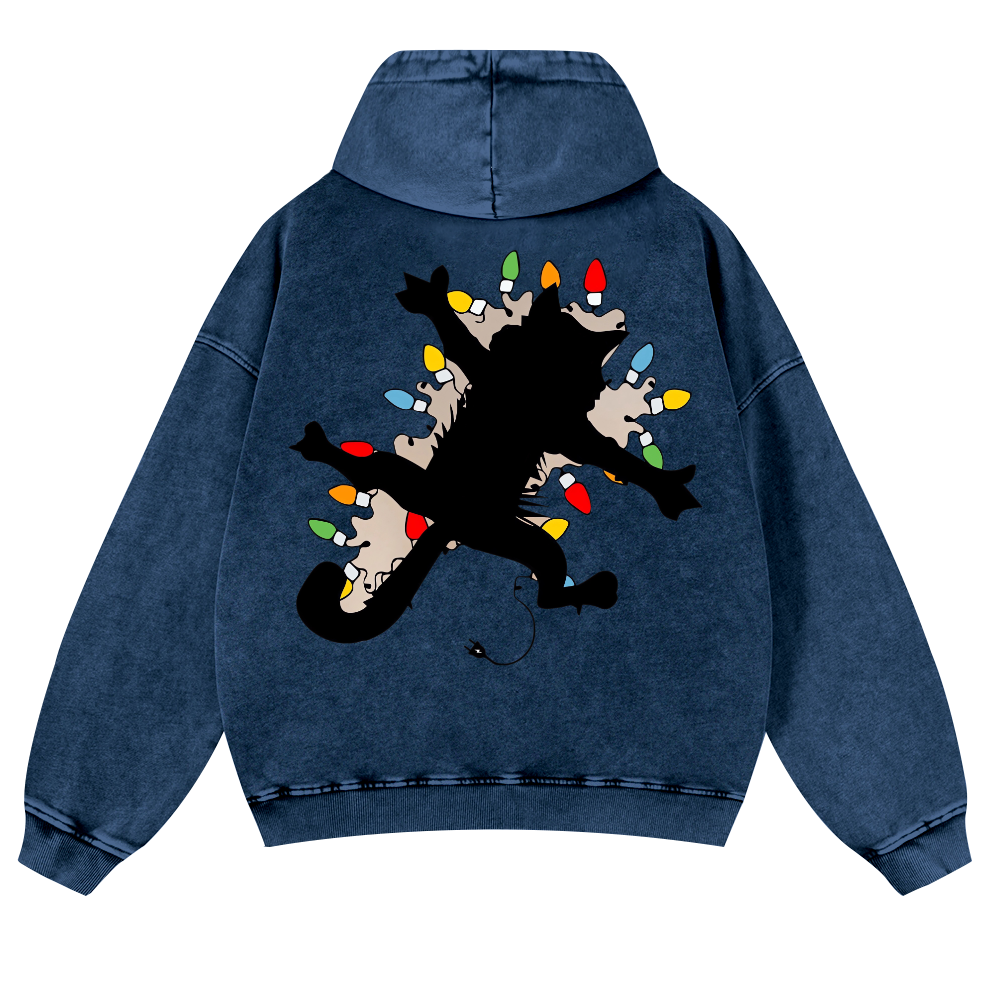 Cat Silhouette and Colorful Bulbs Vintage Washed Cotton Back Art Hoodie