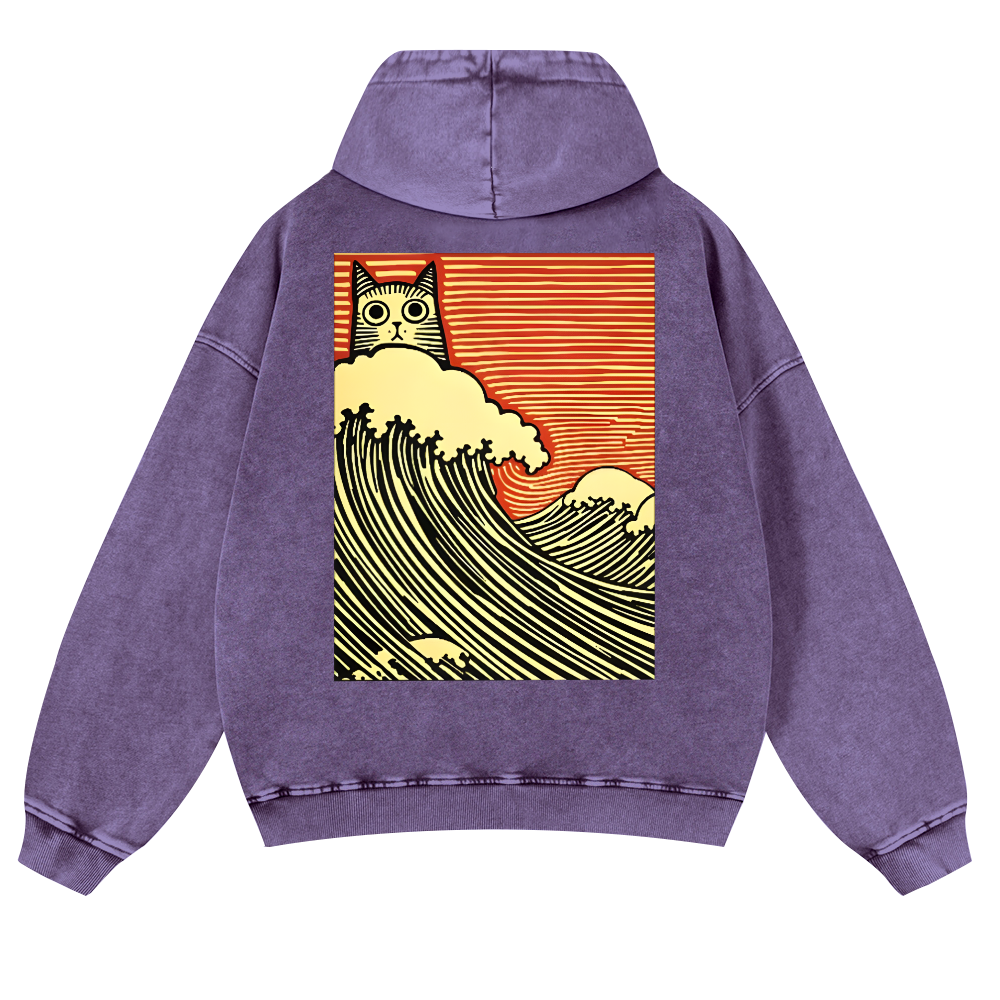 Cat Wave Vintage Washed Cotton Back Art Hoodie