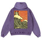 Cat Wave Vintage Washed Cotton Back Art Hoodie