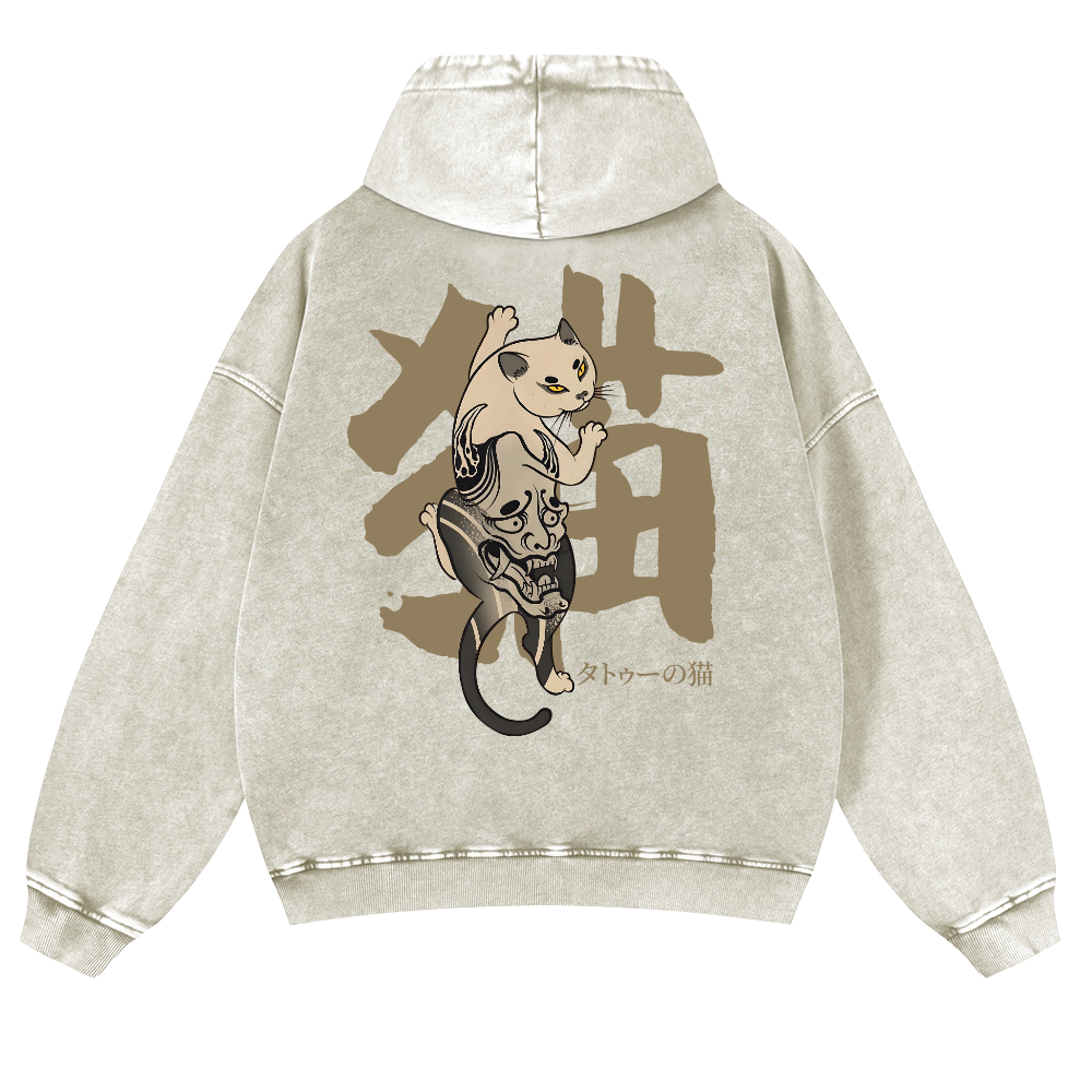 Cat Vintage Washed Cotton Back Art Hoodie