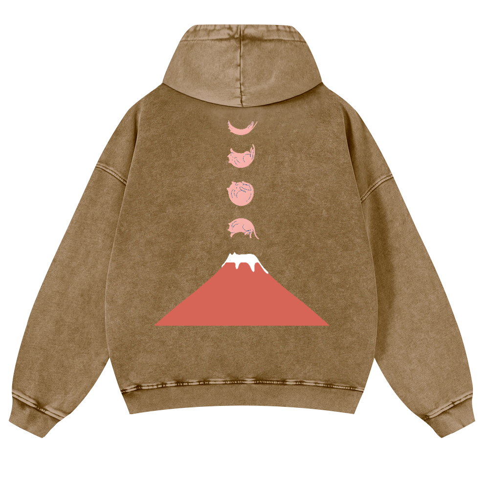 Mount Fuji Cat Moon Vintage Washed Cotton Back Art Hoodie