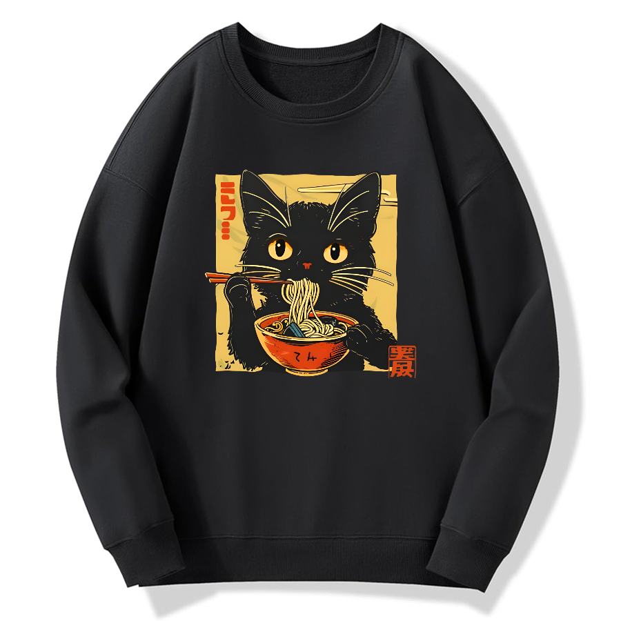Lamian Noodles and Black Cat Cotton Pullover Sweatshirt
