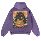 Hippo Ramen Ukiyoe Vintage Washed Cotton Back Art Hoodie