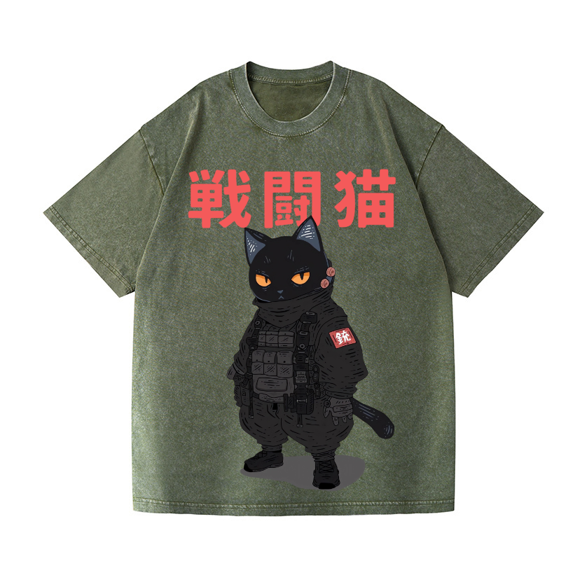 Battle Black Cat Vintage Wash Japanese Design T-Shirt