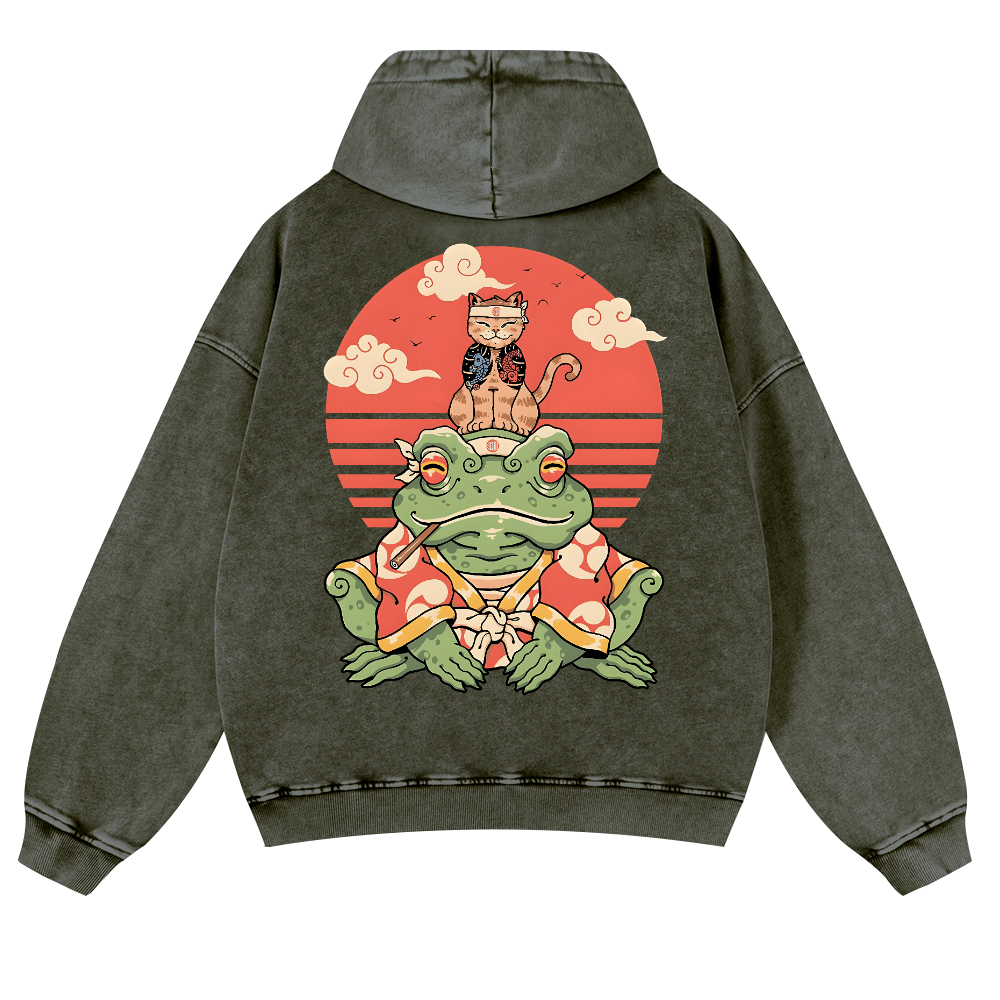 Cat And Frog Vintage Washed Cotton Back Art Hoodie