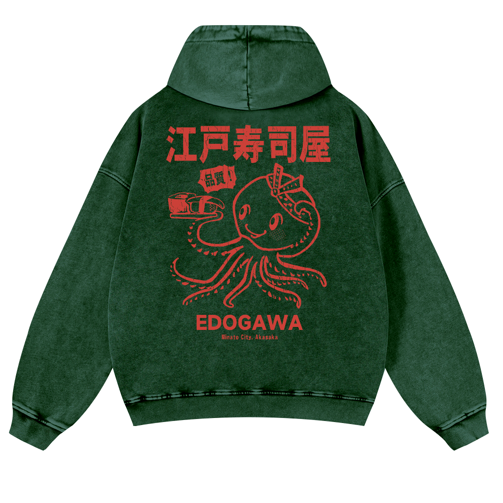 Edogawa  Octopus Vintage Washed Cotton Back Art Hoodie