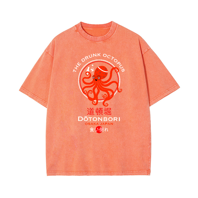 The Drunk Octopus Dotonbori Osaka Japan Vintage Wash Japanese Design T-Shirt