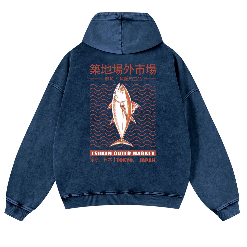 Tsukiji Outer Market Fish Vintage Washed Cotton Back Art Hoodie