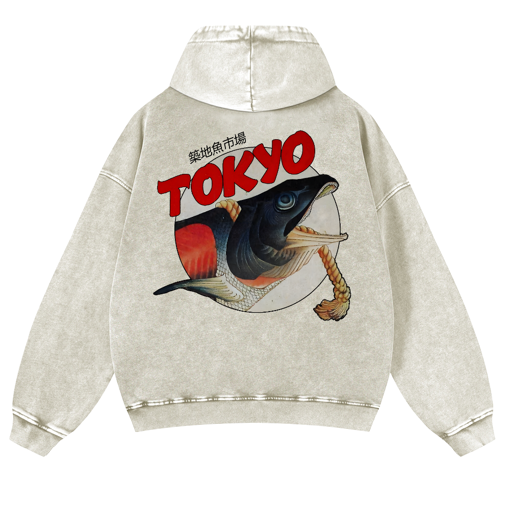 Tsukiji Market Vintage Washed Cotton Back Art Hoodie