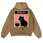 Cat Vintage Washed Cotton Back Art Hoodie