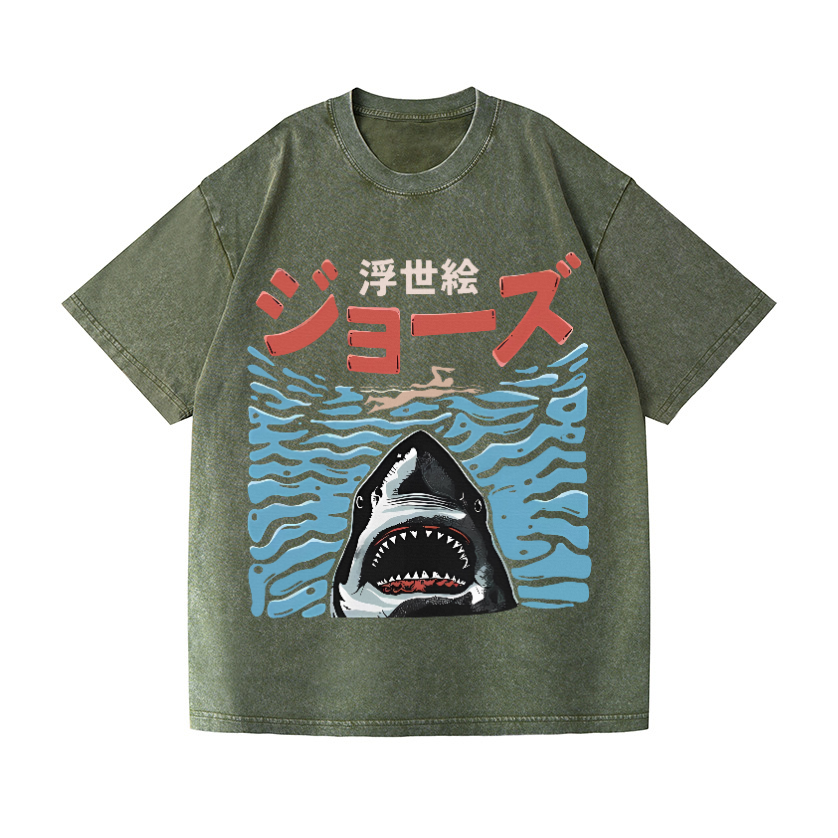 Ukiyoe Jaws Shark Vintage Wash Japanese Design T-Shirt