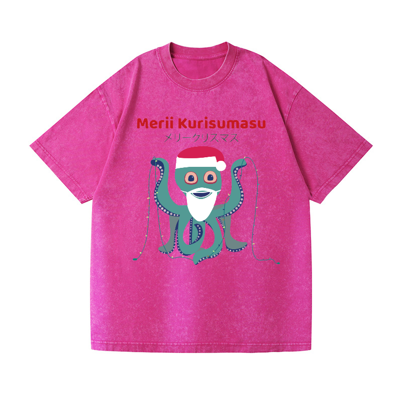 Christmas Octopus Vintage Wash Japanese Design T-Shirt