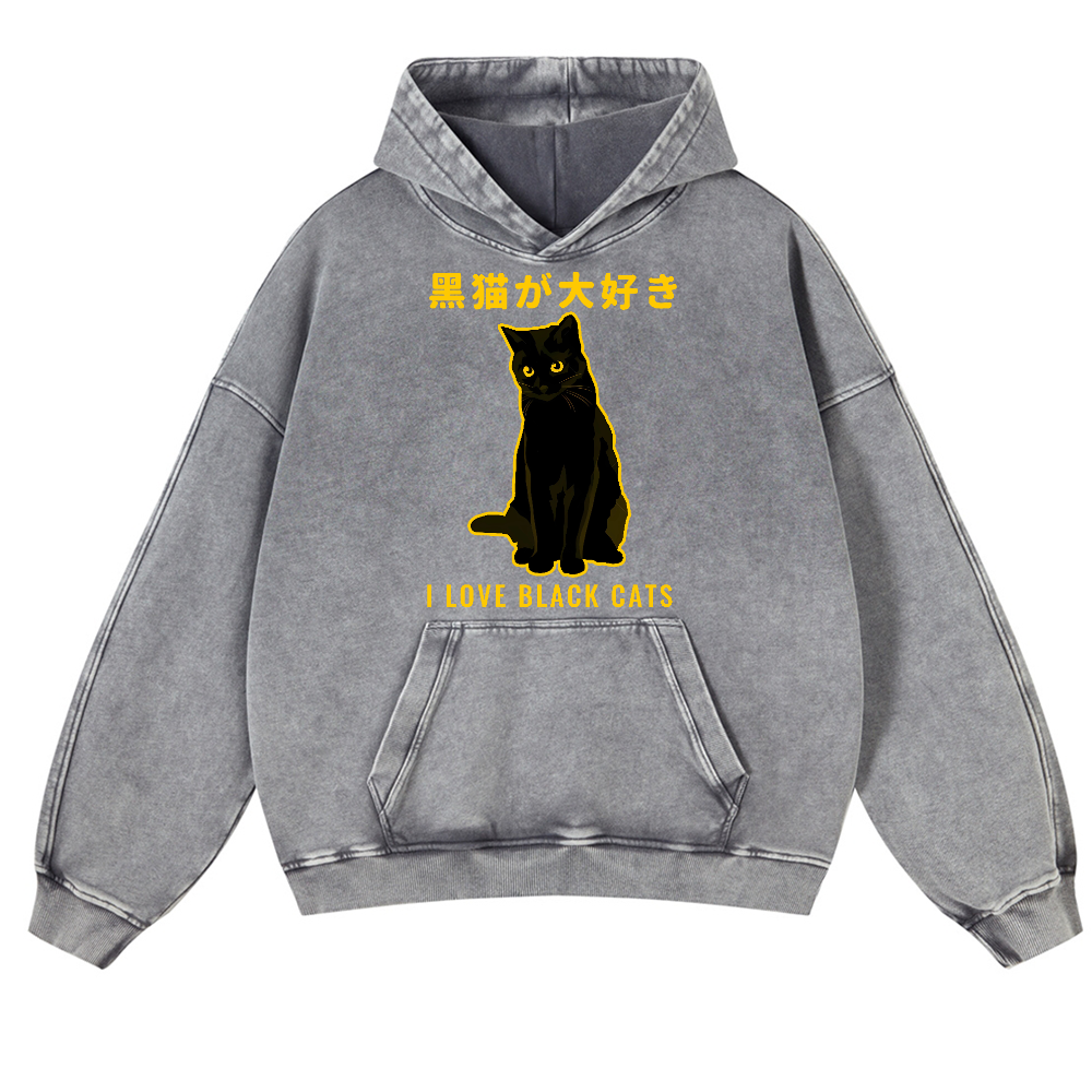 Black Cat Vintage Washed Thick Cotton Hoodie