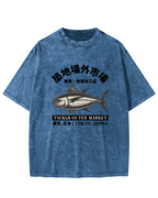 Japanese Style Tuna Pattern Vintage Distressed T-shirt