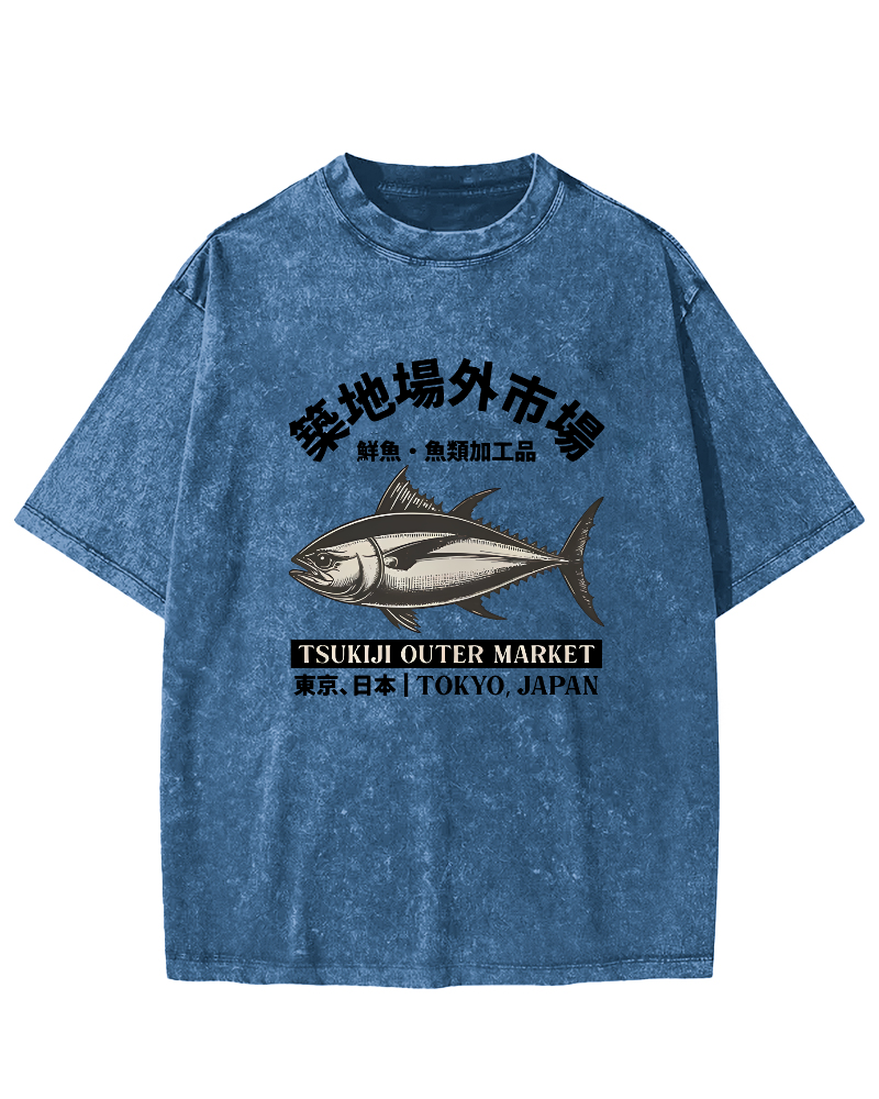 Japanese Style Tuna Pattern Vintage Distressed T-shirt