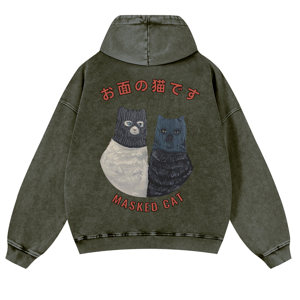Masked Cat Vintage Washed Cotton Back Art Hoodie