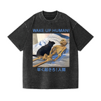 Cat Wake Up Human Vintage Wash Japanese Design T-Shirt