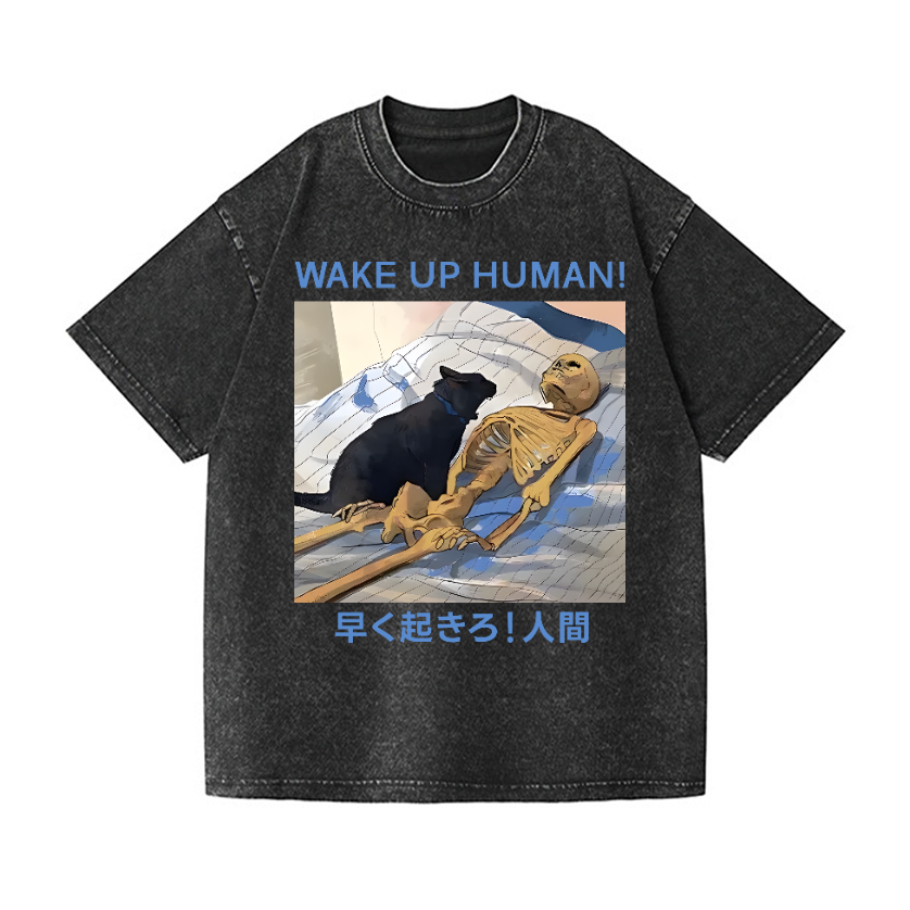 Cat Wake Up Human Vintage Wash Japanese Design T-Shirt