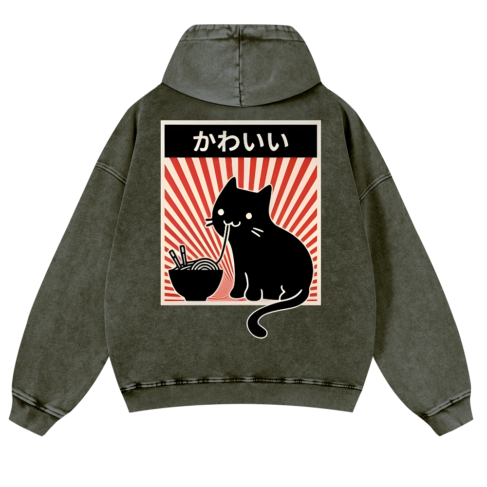 Cat Vintage Washed Cotton Back Art Hoodie