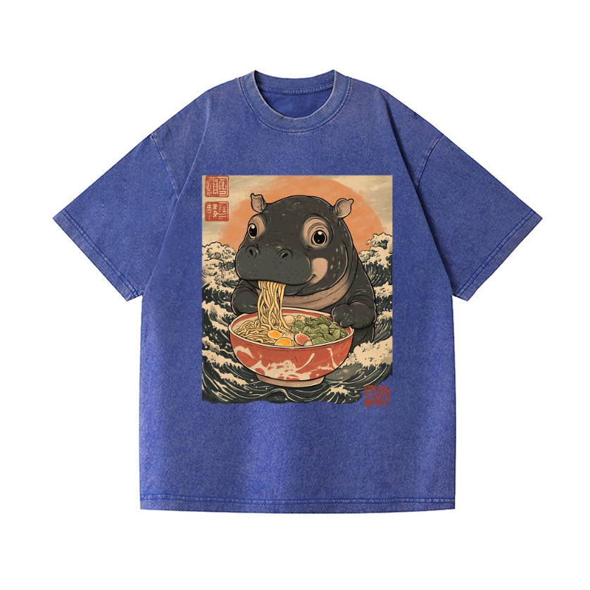 Ramen Hippo Ukiyoe Wave Vintage Wash Japanese Design T-Shirt
