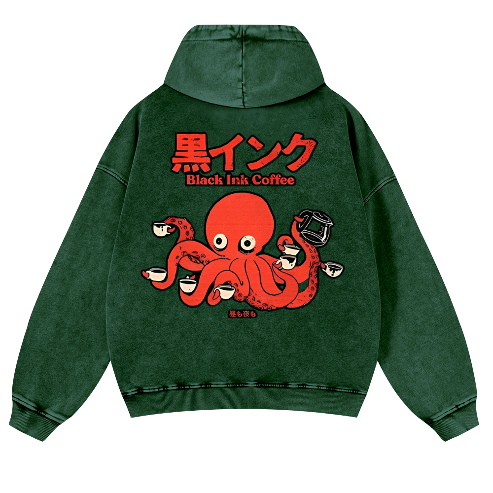 Black Ink Coffee Octopus Vintage Washed Cotton Back Art Hoodie