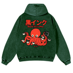 Black Ink Coffee Octopus Vintage Washed Cotton Back Art Hoodie