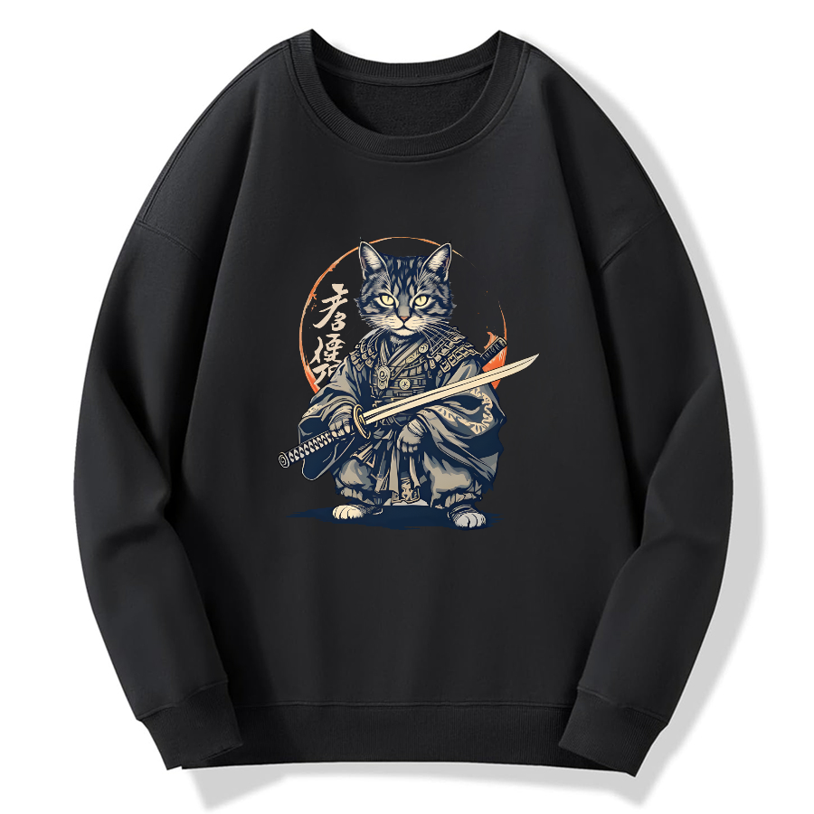 Samurai Cat Retro Ukiyo-e Painting Cotton Pullover Sweatshirt