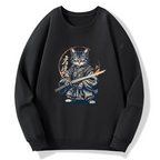 Samurai Cat Retro Ukiyo-e Painting Cotton Pullover Sweatshirt