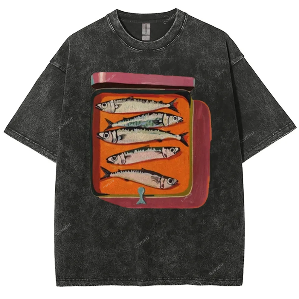 Unisex Canned Sardines Printed Casual Washed T-shirt