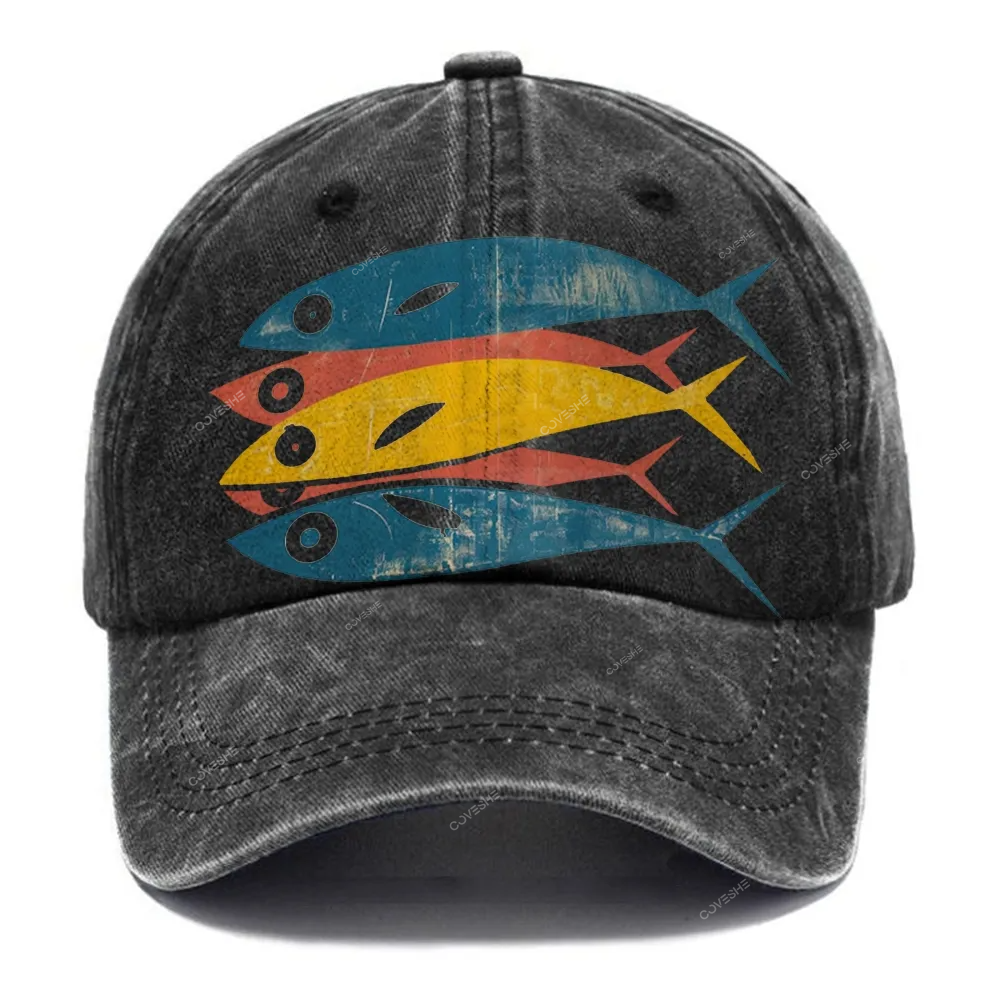 Unisex Vintage Casual Colorful Sardines Printed Washed Cap