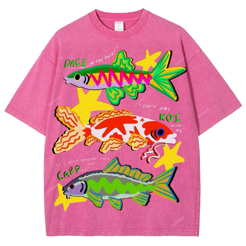 Unisex Colorful Cartoon Fish Washed Tee