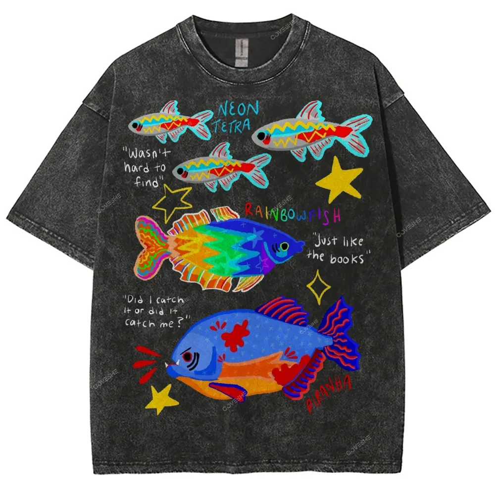Unisex Colorful Cartoon Fish Washed Tee