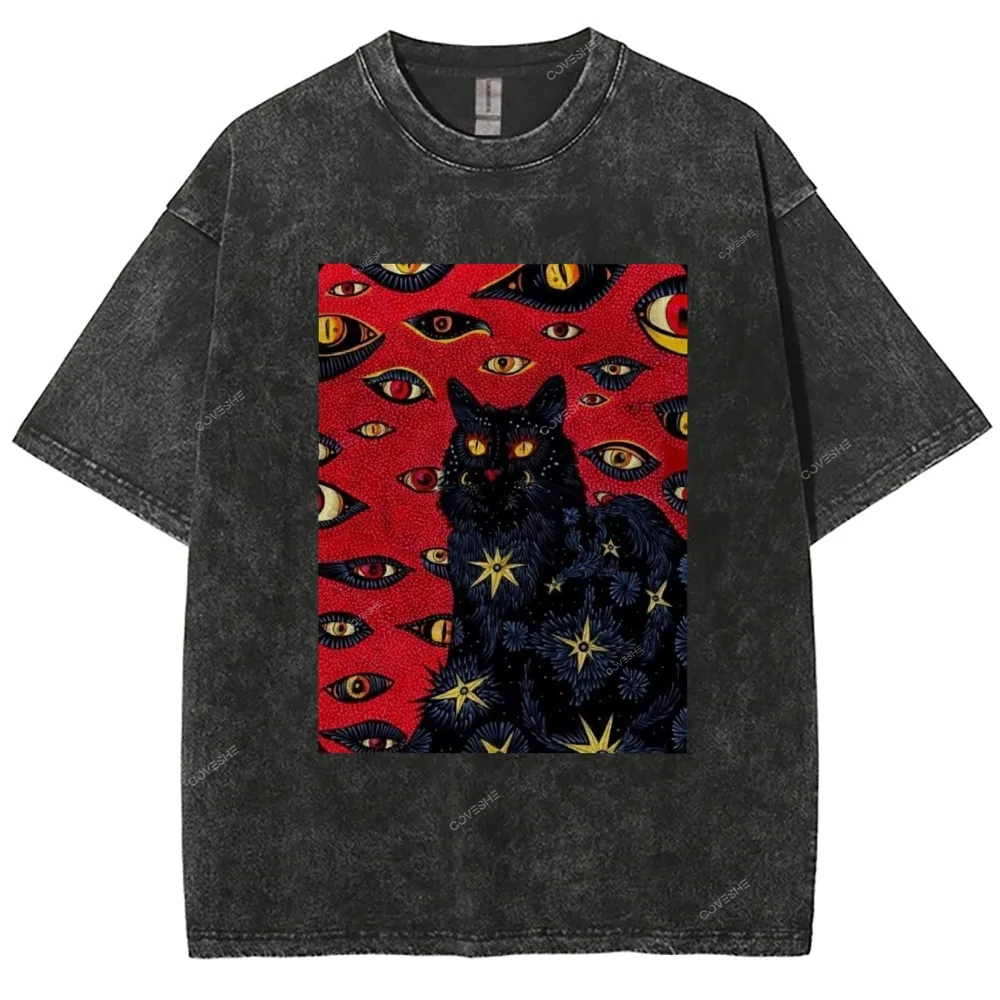 Unisex Abstract Eyes Cat Printed Washed Tee