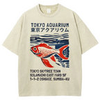 Unisex Japanese Style Fish Printed Washed Tee