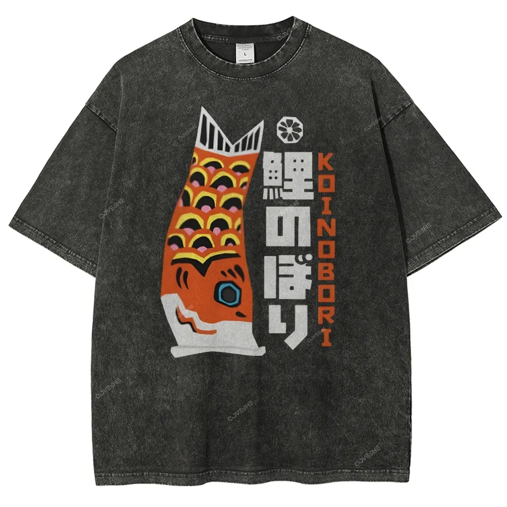 Unisex Japanese Koi Printed Washed Tee