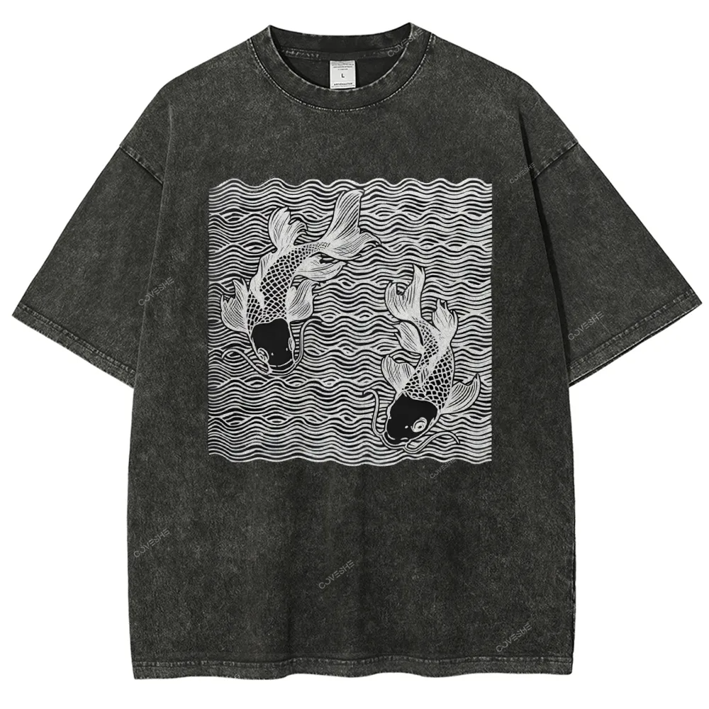 Unisex Waves Koi Printed Washed Tee