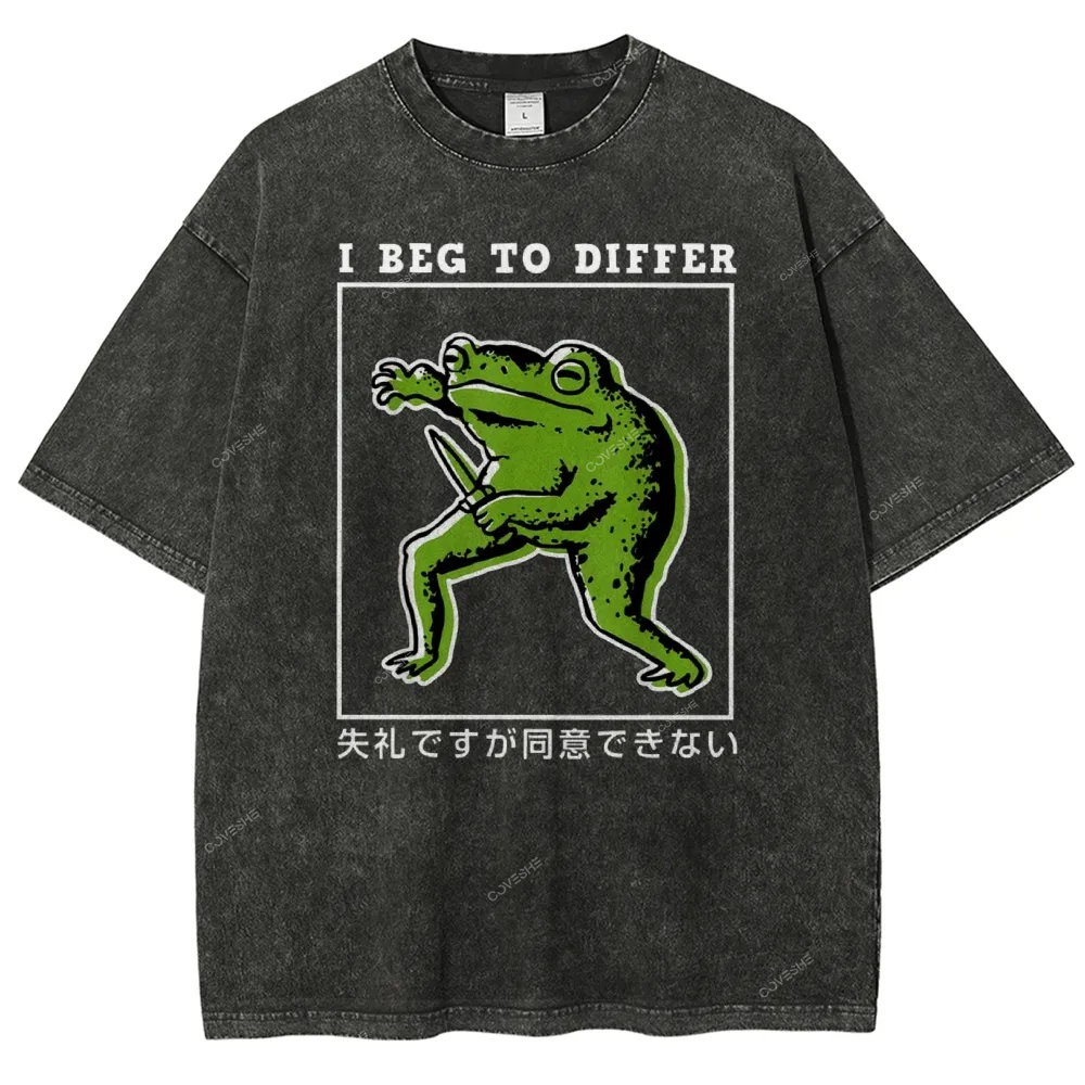Unisex Japanese Frog Printed Washed Tee