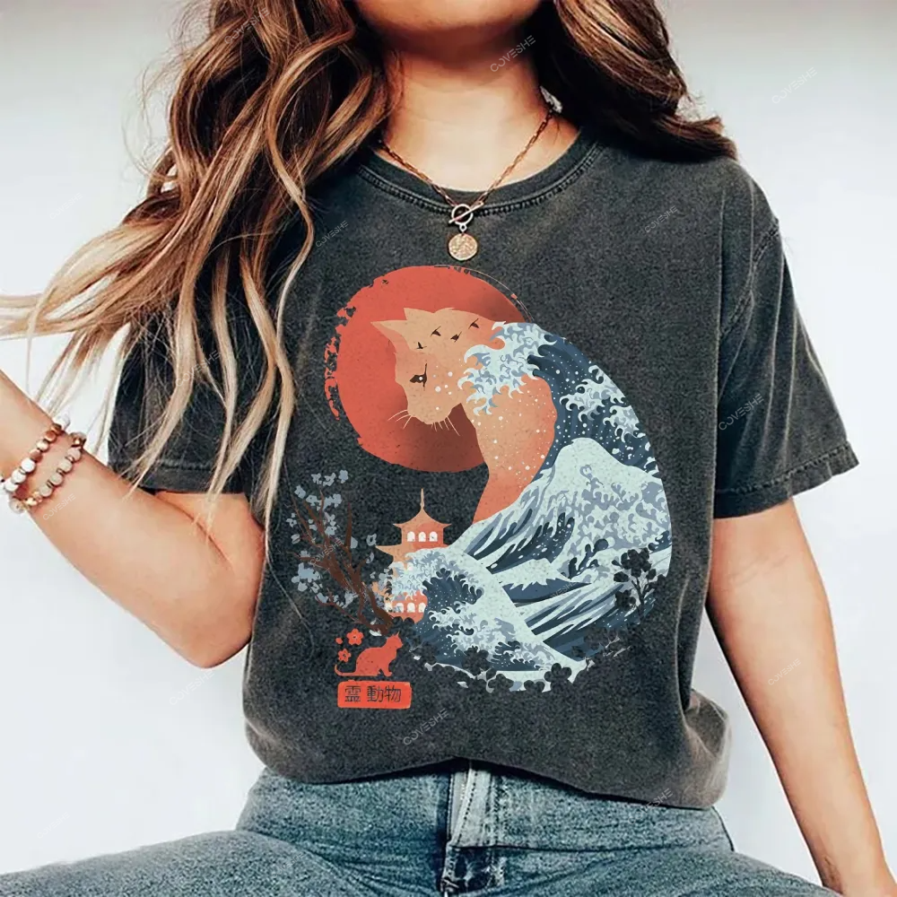Unisex Japanese Wave Leopard Printed Washed Tee