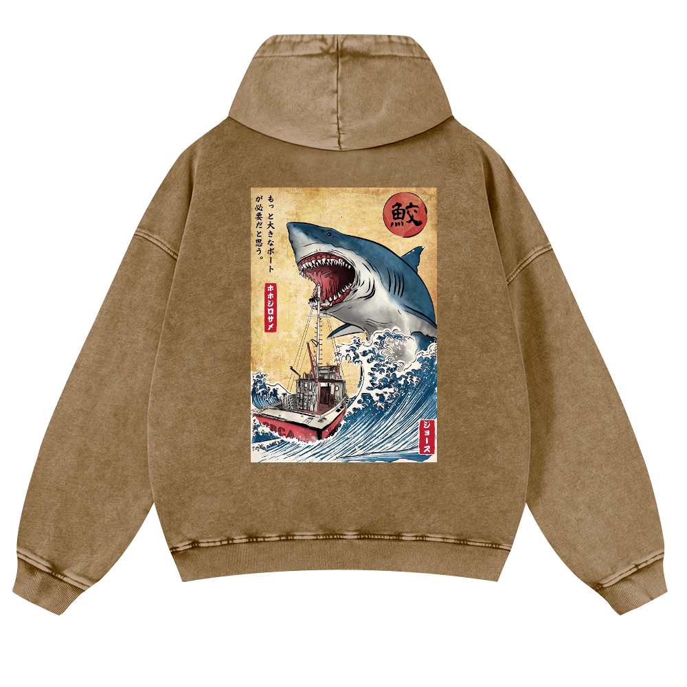 Shark Ukiyoe Vintage Washed Cotton Back Art Hoodie
