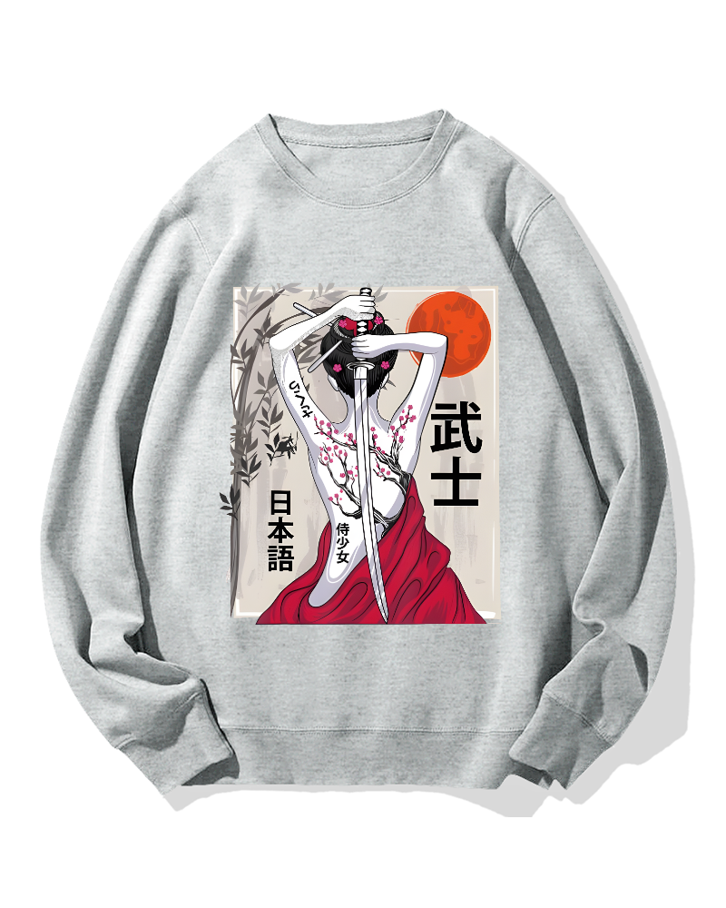 Japanese Samurai Girl Scenery Vintage Sakura Cotton Sweatshirt