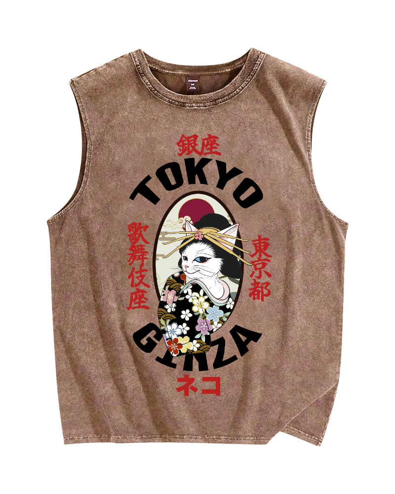 Tokyo Kabuki Cat Vintage Distressed Washed Tank Top