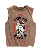 Tokyo Kabuki Cat Vintage Distressed Washed Tank Top