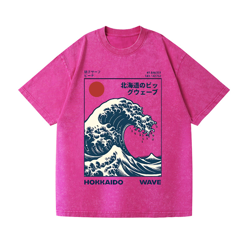 Hokkaido Wave Ukiyoe Vintage Wash Japanese Design T-Shirt