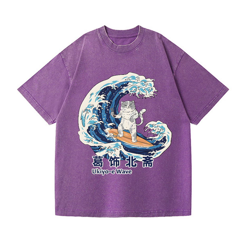 Ukiyoe Wave Cat Vintage Wash Japanese Design T-Shirt