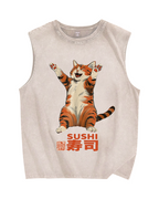 Cat Sushi Vintage Distressed Washed Tank Top
