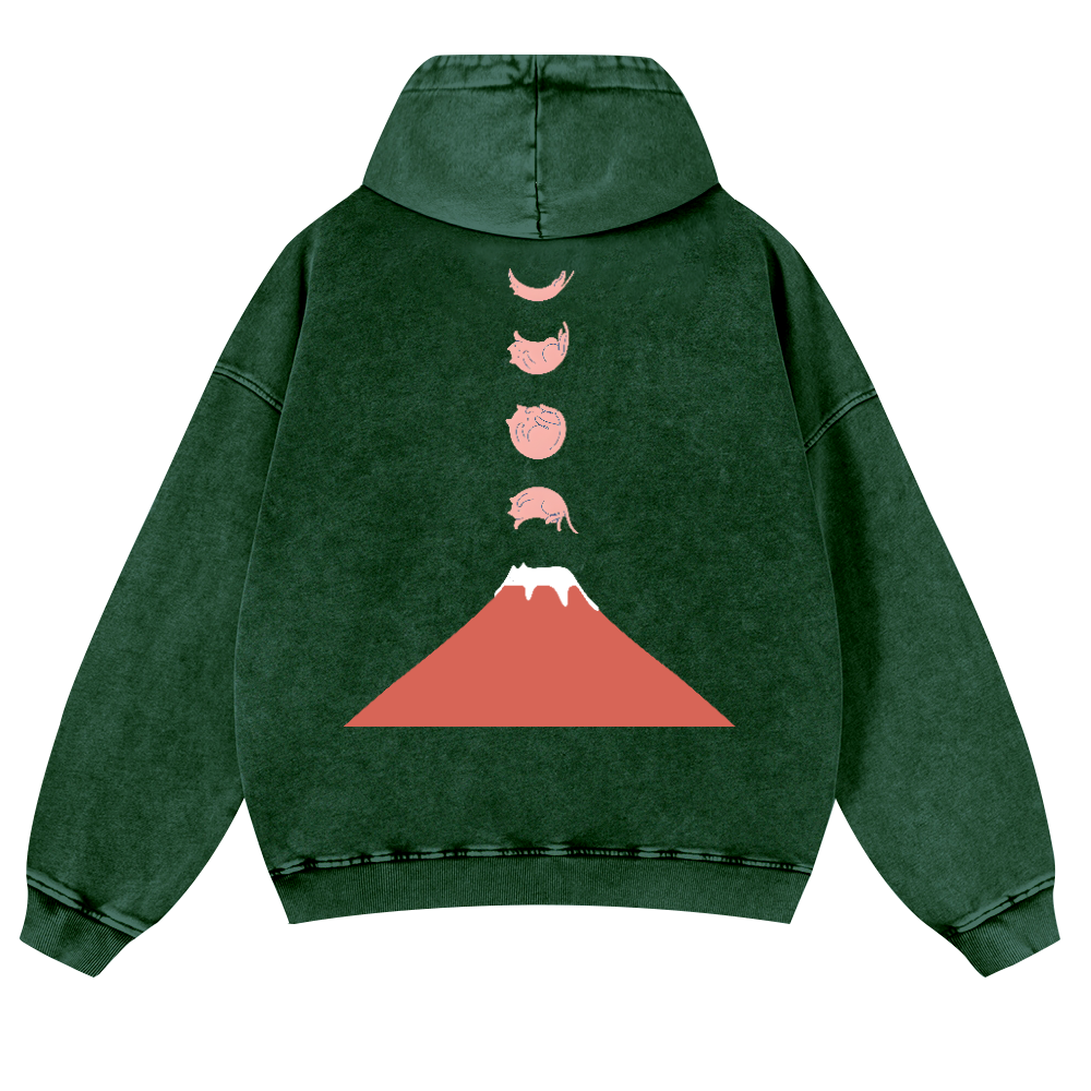 Mount Fuji Cat Moon Vintage Washed Cotton Back Art Hoodie